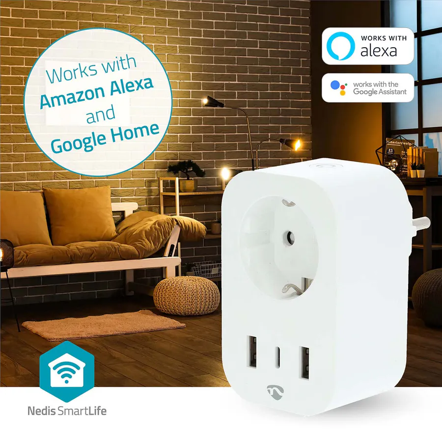 SmartLife Wi-Fi Smart Plug med energimåler, 1x USB-C + 2x USB, 3680 W