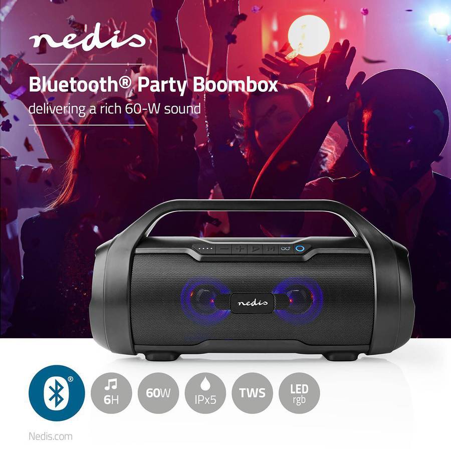 Nedis Bluetooth Party Boombox med Party lys, IPX5, 60/120W