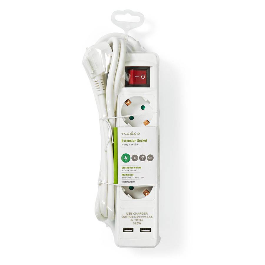 Nedis 3-veis strømforgrener, 2 USB-ladeporter, av/på bryter, 1.50m, 3680W
