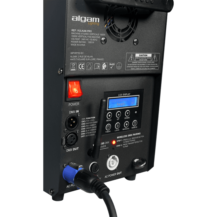 Algam Lighting VULKAN PRO Vertical-horizontal røykmaskin m/24x3W RGB LEDs, Trådløs DMX