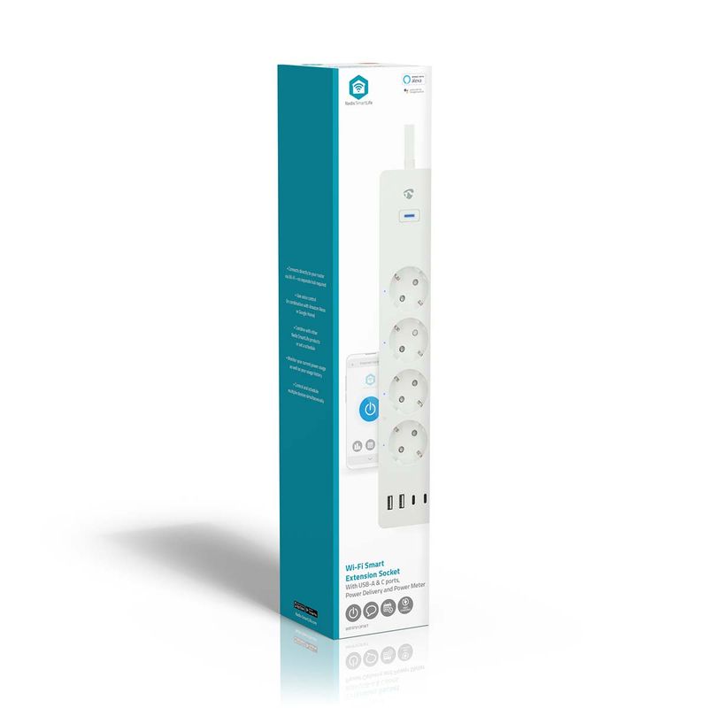 SmartLife Wi-Fi 4-veis strømforgrener, 4 USB A/C-porter, 16A, 3680W, 2m kabel