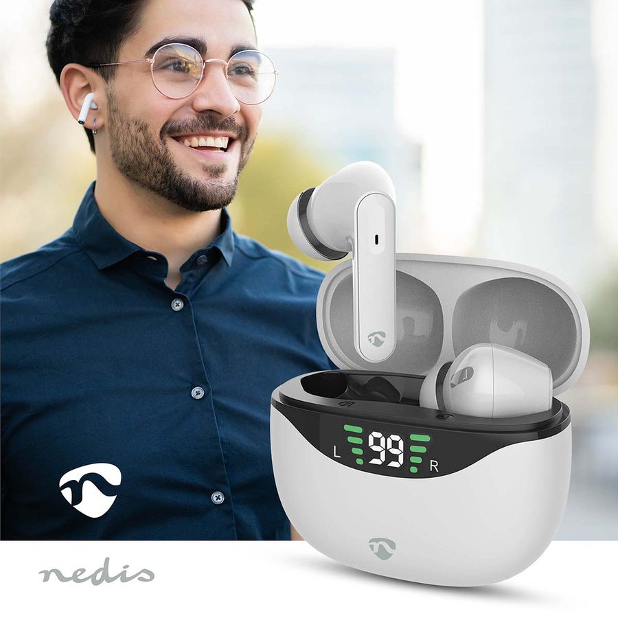 Nedis Pods ANC (Active Noise Cancelling, Bluetooth, 30 timer, Touch kontroll, Trådløs ladeetui, Innebygd mikrofon, hvit