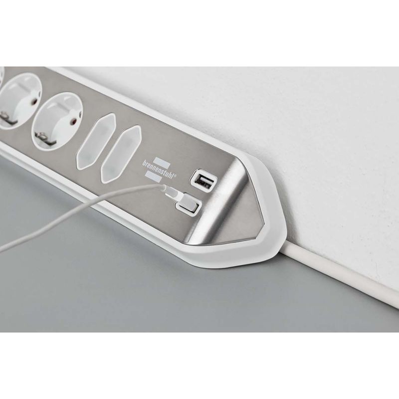 Brennenstuhl Estilo Desktop-Power, 6-veis strømforgrener, 2 USB-porter, Sølv/Hvit