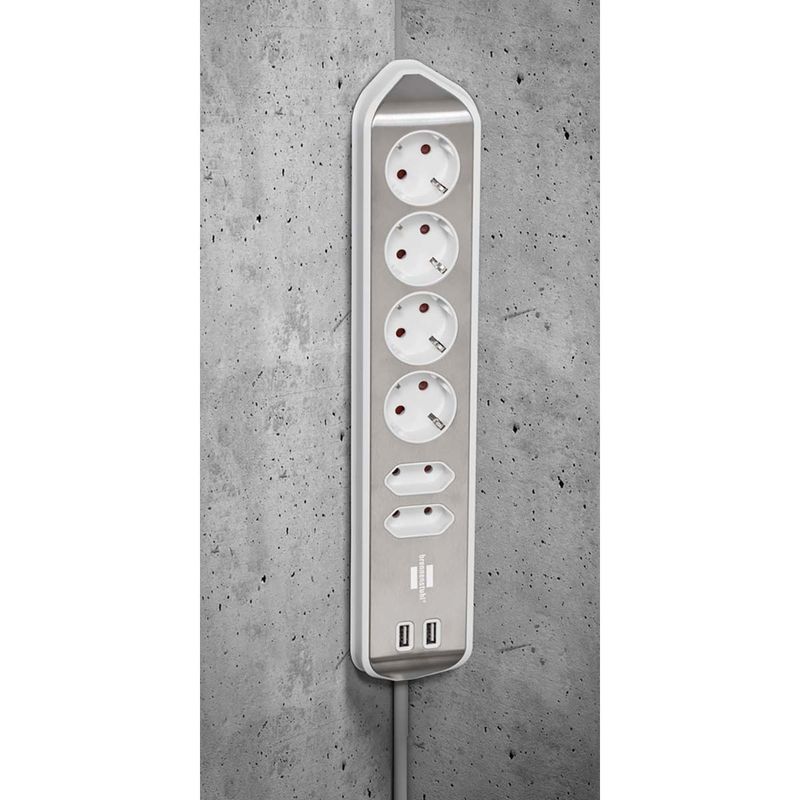 Brennenstuhl Estilo Desktop-Power, 6-veis strømforgrener, 2 USB-porter, Sølv/Hvit