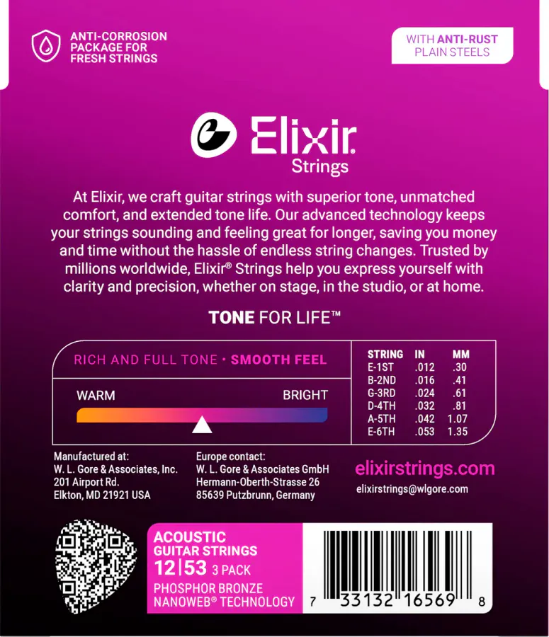 Elixir 16569 Phosphor Bronze Acoustic NANOWEB 012-053, 3 pack