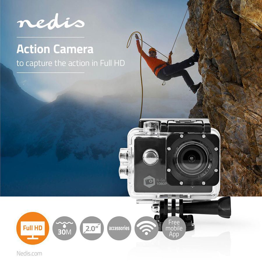 Nedis Actionkamera 1080p@30fps, 12 MPixel, WiFi, HD, vanntett opptil 30M, montering inkludert