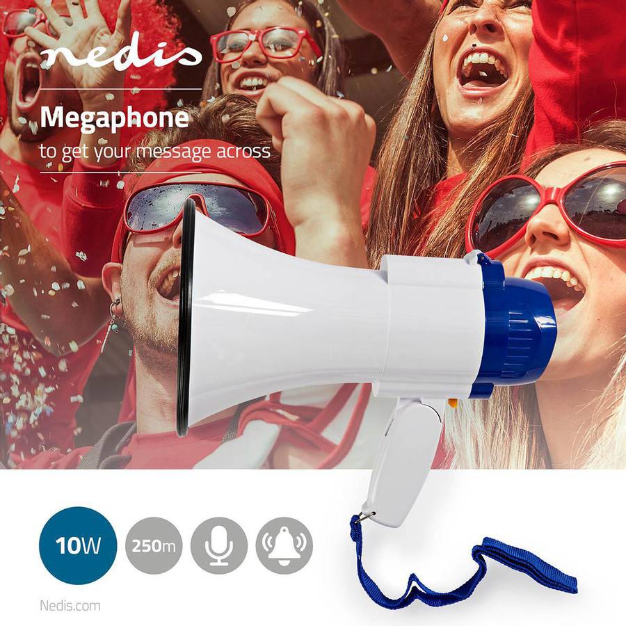 Nedis Megafon med rekkevidde p 250m, Opp til 125 dB, sirene, Opptaksfunksjon | Bl / Hvi