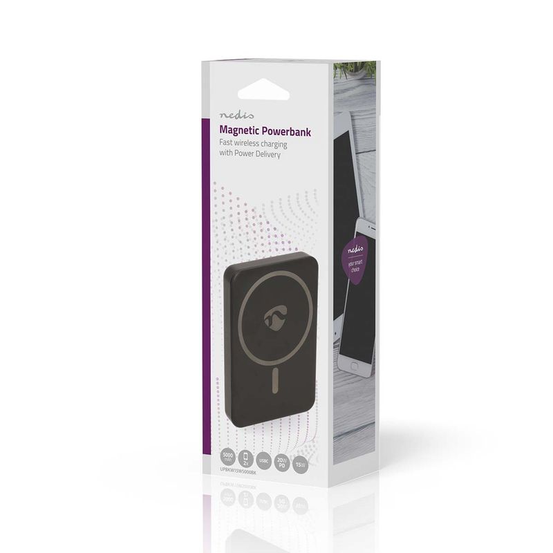 Nedis trådløs Power Bank 5000 mAh, 2-i-1 powerbank for å lade telefonen raskt med og uten kabel