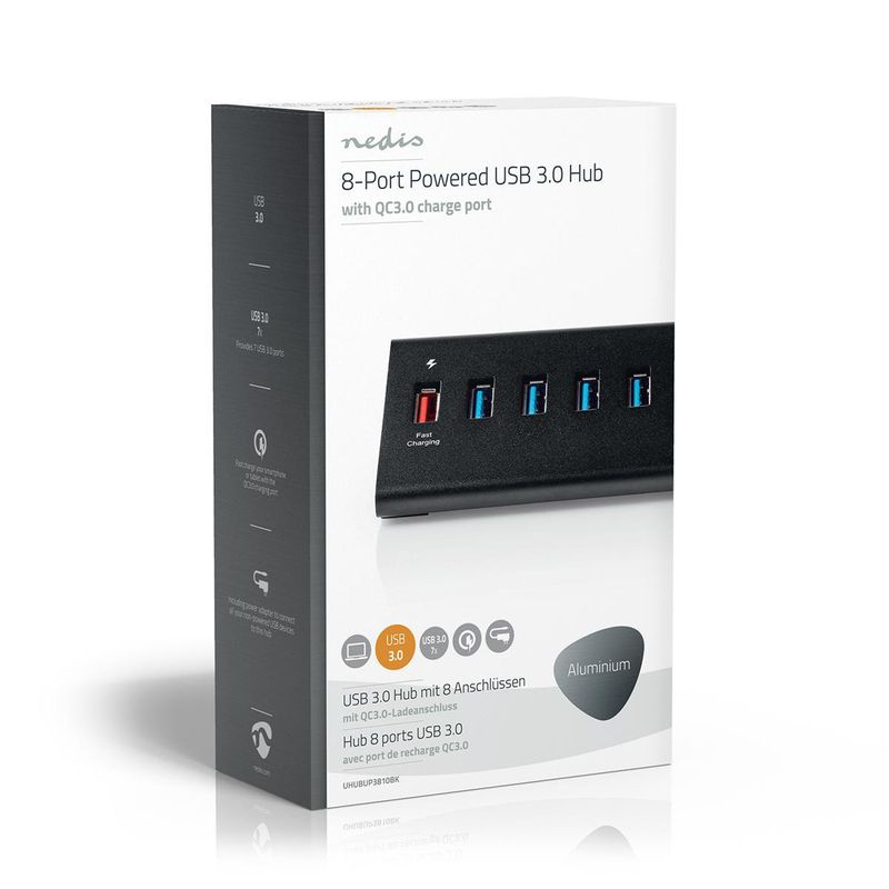Nedis USB 3.0-hub, 8 porter, Høy hastighet, 5 Gbps + hurtiglading