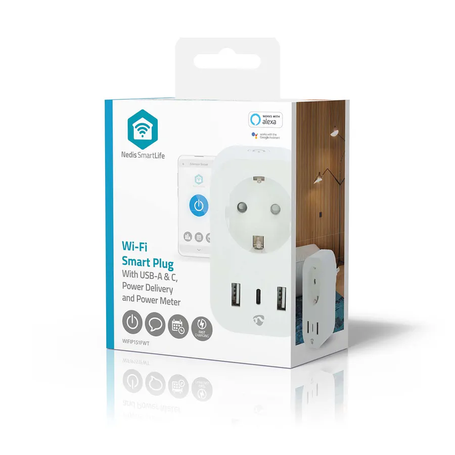 SmartLife Wi-Fi Smart Plug med energimåler, 1x USB-C + 2x USB, 3680 W