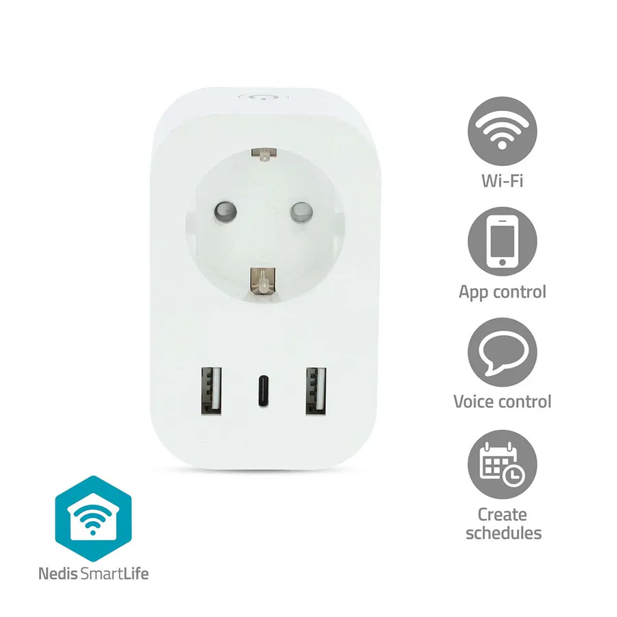 SmartLife Wi-Fi Smart Plug med energimåler, 1x USB-C + 2x USB, 3680 W