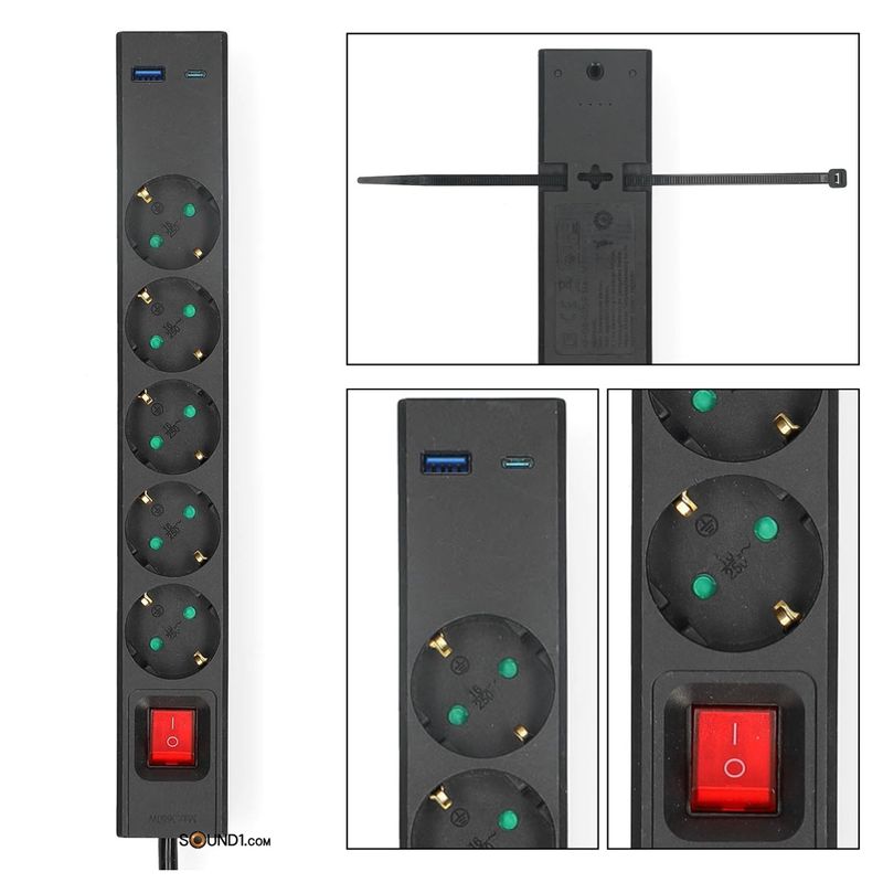 Nedis 5-veis strømforgrener, 3680W, USB-A og C lading, 1,5m kabel,  Av/på-bryter