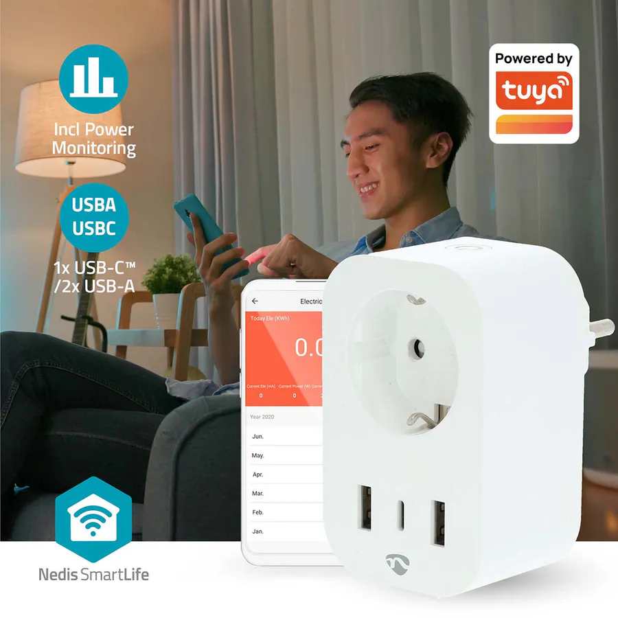 SmartLife Wi-Fi Smart Plug med energimåler, 1x USB-C + 2x USB, 3680 W