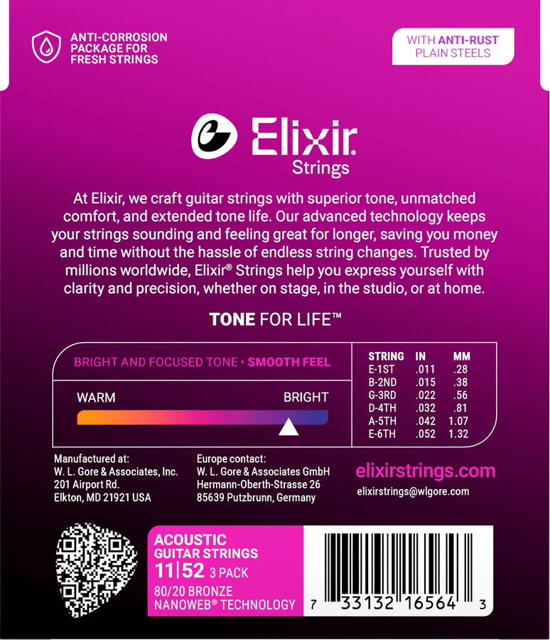 Elixir 16564 Acoustic 80/20 Bronze NANOWEB 011-052 3-pack