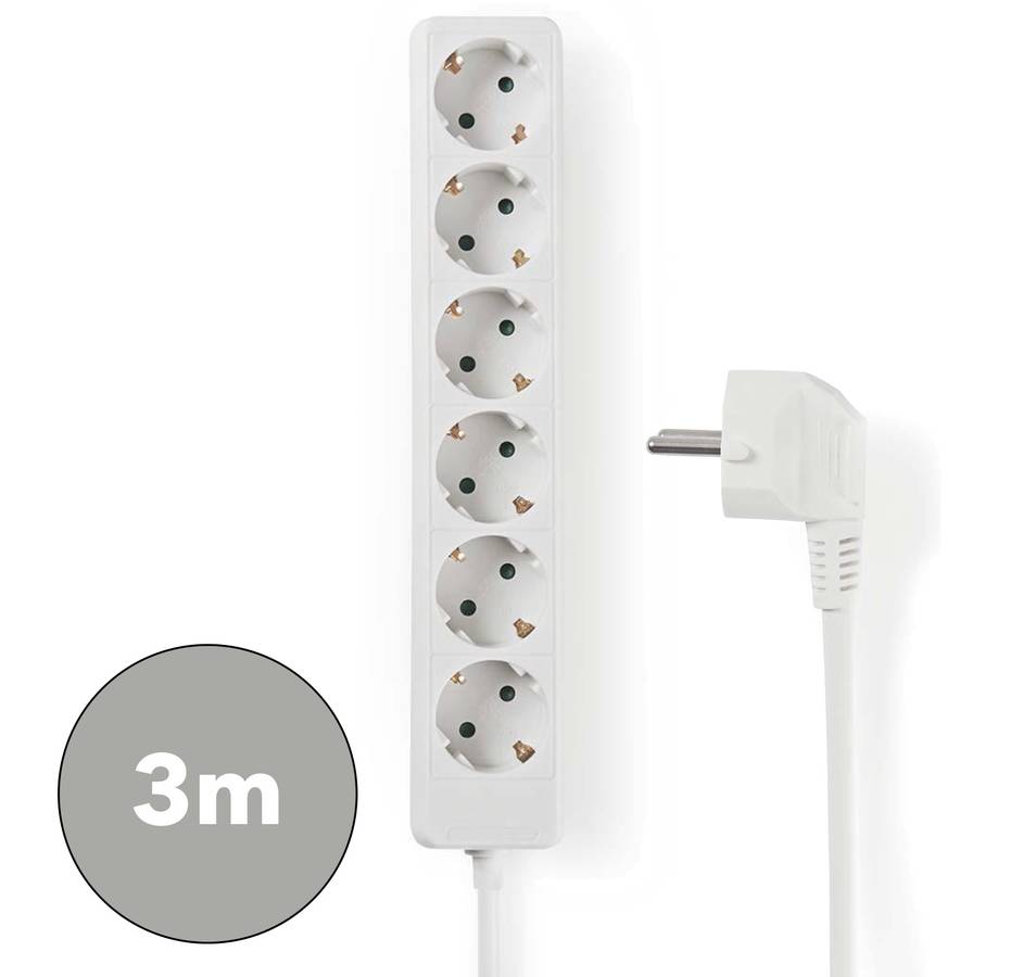 Nedis 6-veis strømforgrener, 3m, hvit