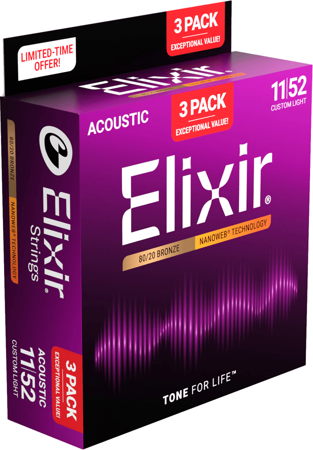 Elixir 16564 Acoustic 80/20 Bronze NANOWEB 011-052 3-pack