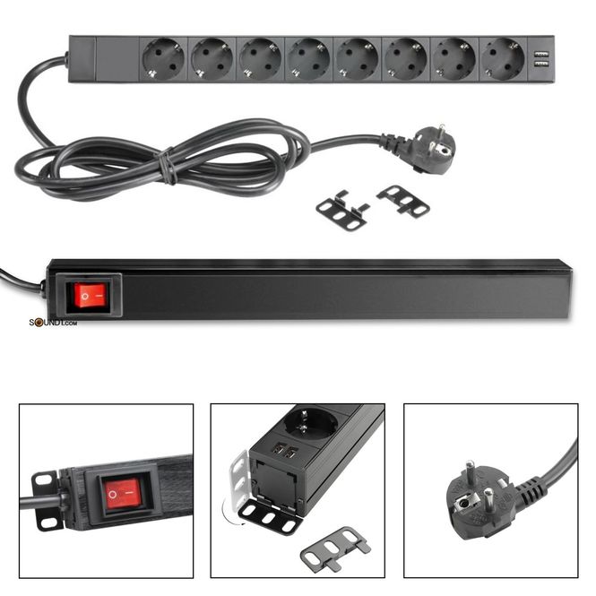 Hovedbilde Adam Hall RACK PDU 8S USB – 19” Strømskinne med 8 uttak og USB-lading