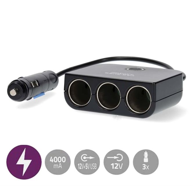 Hovedbilde Nedis Biladapter 12V, 150W, 3x 12V + 1x USB-A for å lade USB-enheten
