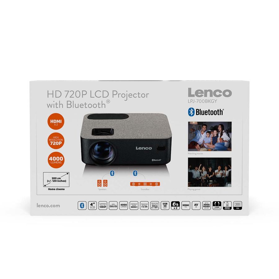 Lenco HD 720P LCD-projektor med Bluetooth grå, 4000 lumen, Full HD 1080P