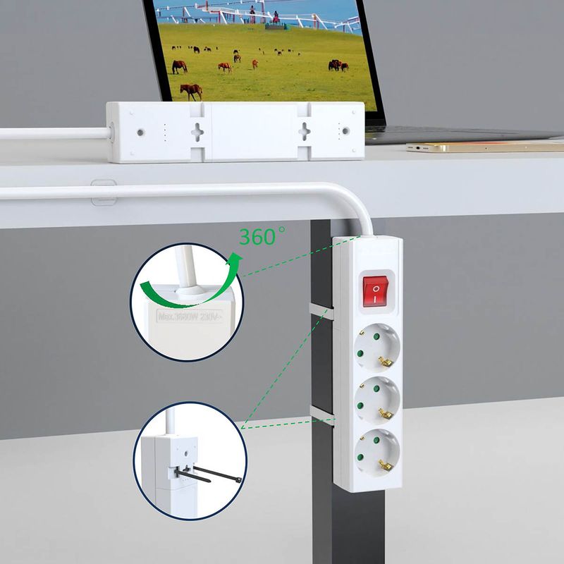 Nedis 3-veis strømforgrener, 3680W, USB-A og C lading, 1,5m kabel,  Av/på-bryter