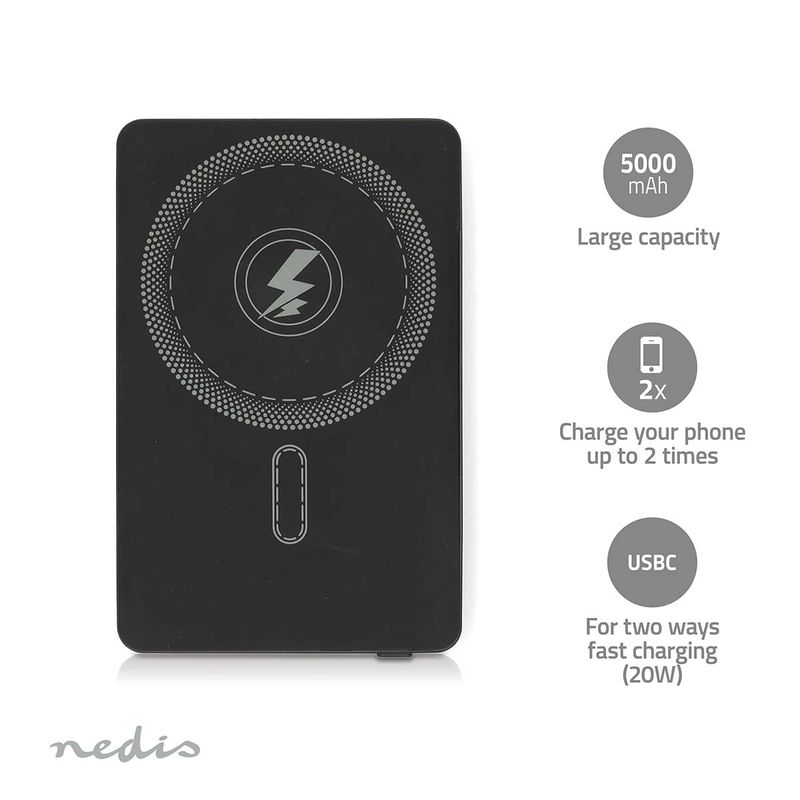 Nedis trådløs lading - Power Bank 5000 mAh, 2-i-1 for å lade telefonen raskt med og uten kabel