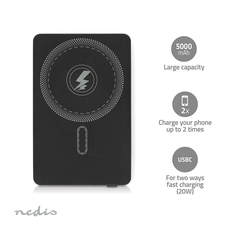 Nedis trådløs lading - Power Bank 5000 mAh, 2-i-1 for å lade telefonen raskt med og uten kabel