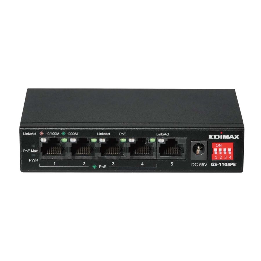 Edimax GS-1105PE Switch, 5-port Gigabit PoE+-bryter med 4 PoE+-porter og DIP-bryter