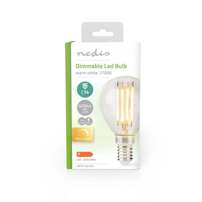 Nedis LED pære E14 - G45 | 4.5W | 470 lm | 2700 K | Dimbar | Varm Hvit