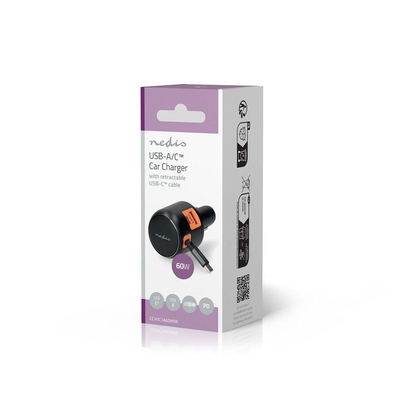 Nedis Billader 60W, 3.0A, USB-A / USB-C, Uttrekkbar USB-C-kabel, 0.70m