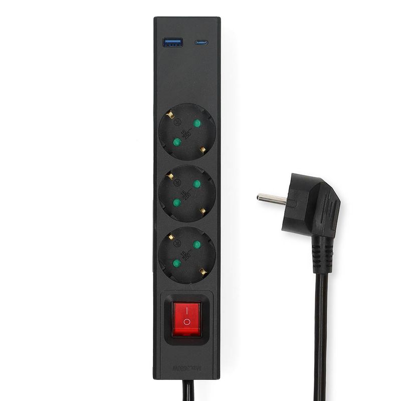 Nedis 3-veis strømforgrener, 3680W, USB-A og C lading, 1,5m kabel,  Av/på-bryter