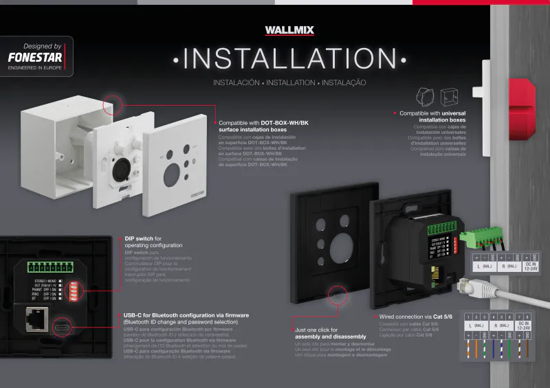 Fonestar Wallmix-WH Bluethoot panel for veggmontering med mikrofon inngang, Hvit
